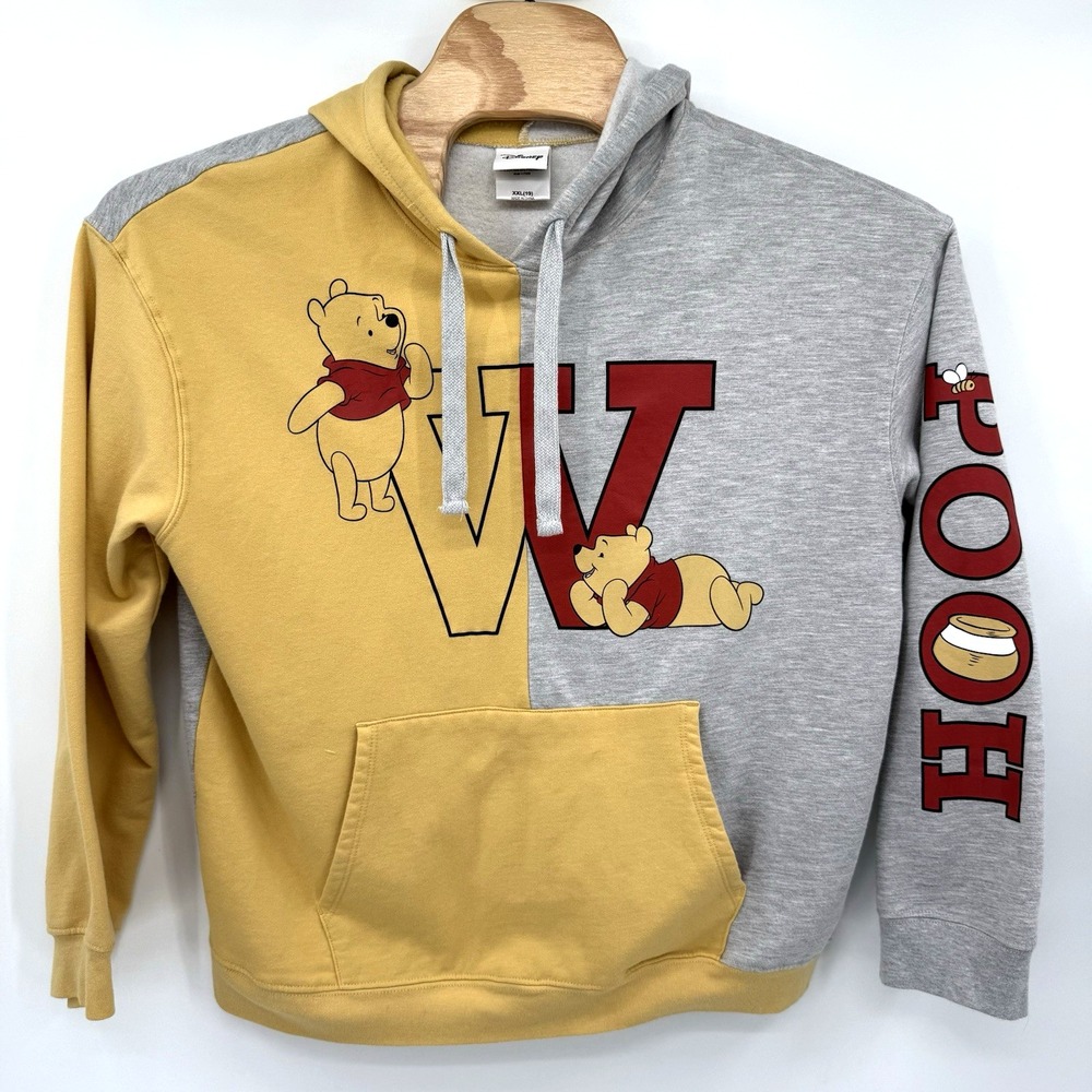 Disney Hoodie Kids XXL Yellow Gray Winnie the Pooh Colorblock Pullover Graphic